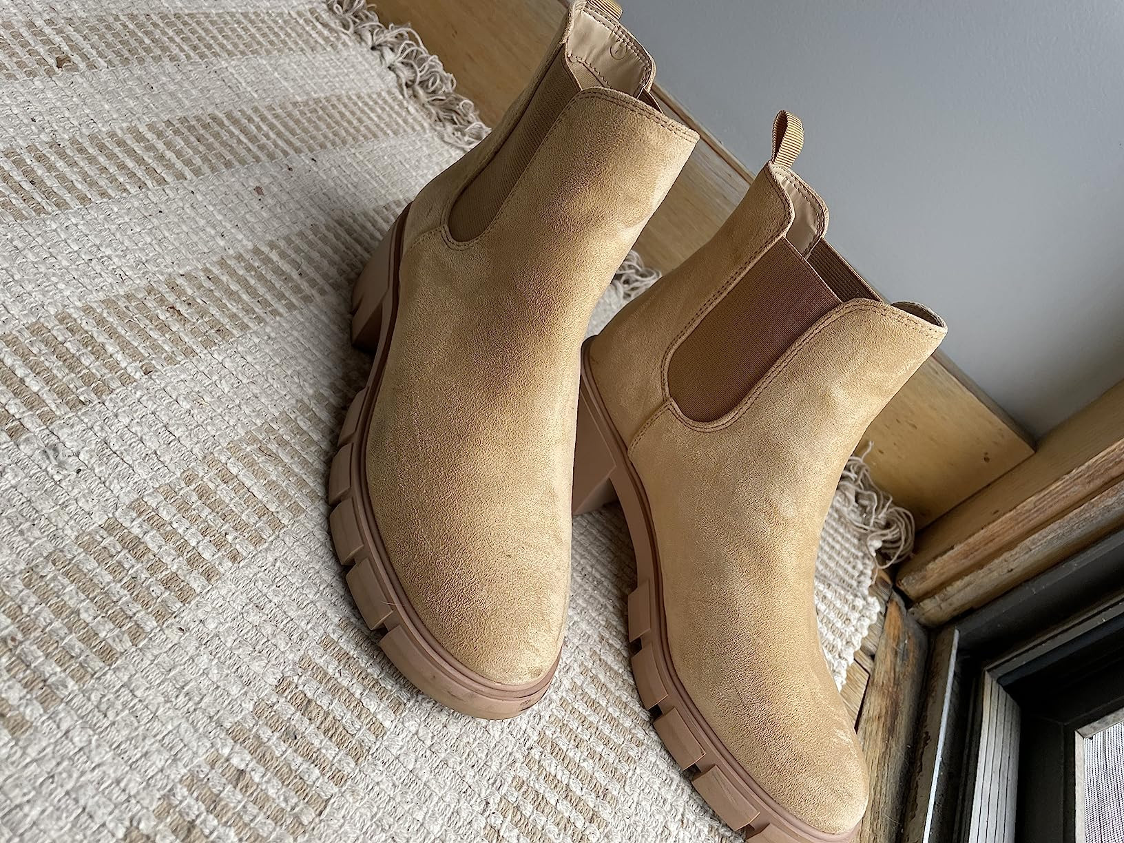 Juliet Holy Womens Lug Sole Platform Ankle Booties Chelsea Slip on Chunky Block Heel Leather Comb... | Amazon (US)