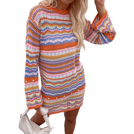 Inevnen Womens Crochet Knit Dress Rainbow Stripe Long Sleeve Bodycon Mini Dress | Walmart (US)