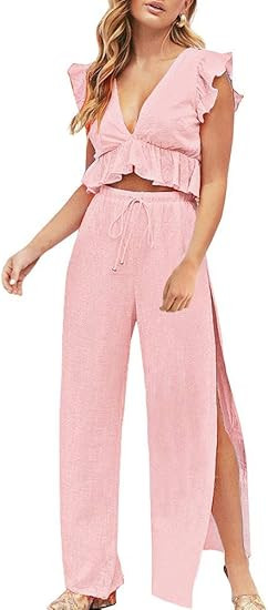 FANCYINN Womens 2 Pieces Outfits Deep V Neck Crop Top Side Slit Drawstring Wide Leg Pants Set Jum... | Amazon (US)
