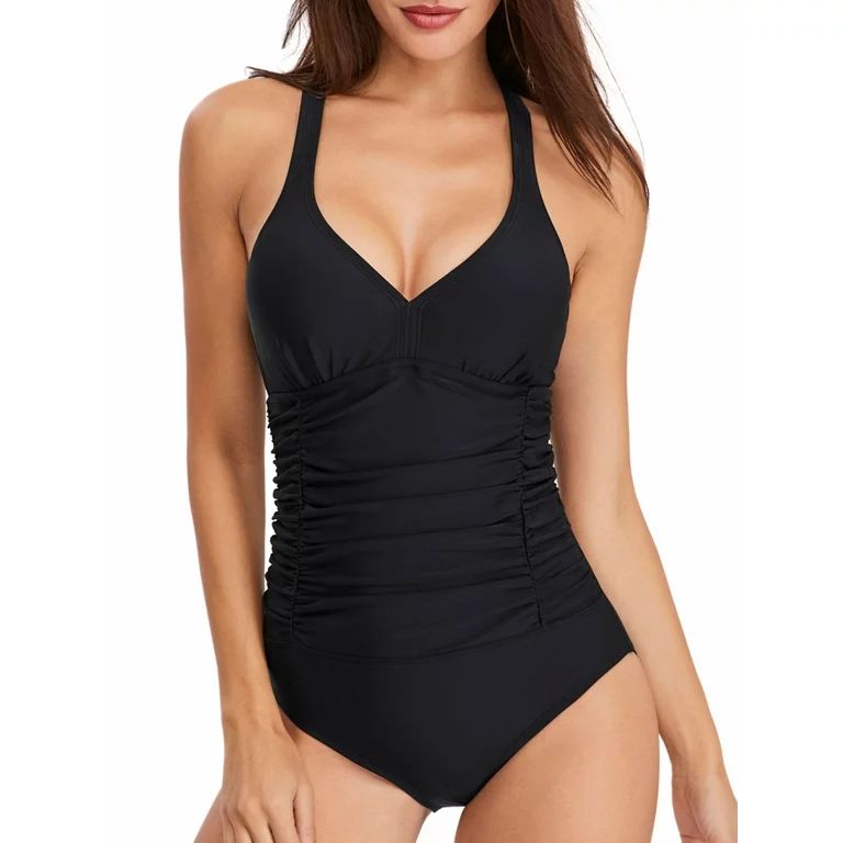 Lopsie V Neck One Piece Swimsuits with Ruching Bathing Suits Tummy Control Beach Swimwear for Wom... | Walmart (US)