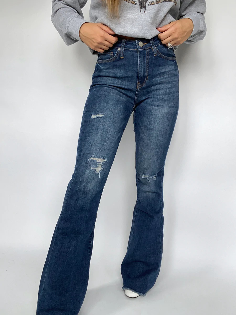 Ashley Dark Wash Distressed Flares | Willow Boutique