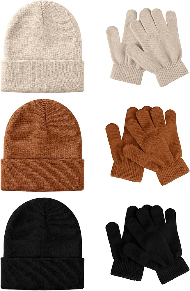 Glooarm 6 Pack Kids Beanies Hats Gloves Set, Kids Winter Hats Full Finger Gloves for Boys Girls | Amazon (US)
