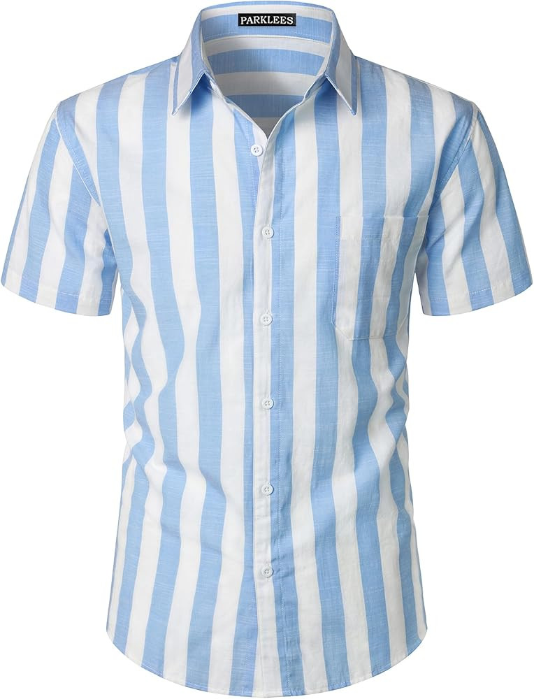 Men's Summer Casual Cotton Linen Striped Shirt Button Down Short Sleeve Shirts | Amazon (US)