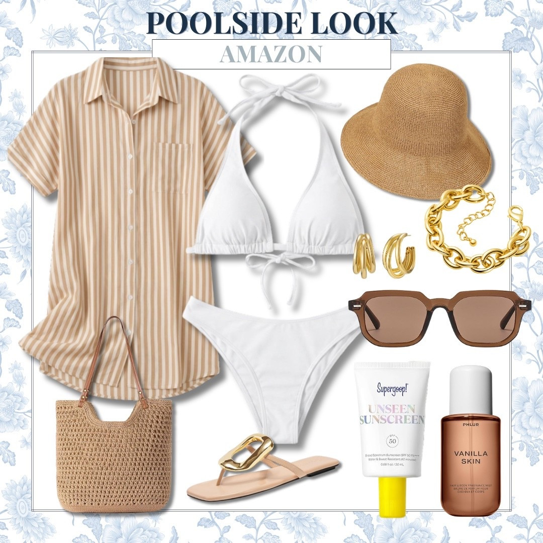 This poolside look has everything you need for a chic summer getaway. I love the neutral striped cover up paired with the classic white bikini and woven accessories, it feels elevated, timeless, and so easy to recreate. These are the kind of summer staples you’ll pack for every beach trip and pool day.

Top: Small, Shoes: 7.5, Bra Size: 34DD, Height: 5'2

amazon poolside look, summer vacation outfit, white bikini outfit, beach vacation style, neutral summer fashion, pool day essentials, amazon fashion finds, resort wear women, woven beach bag, summer accessories, chic beach outfit, audriedollins

#LTKSwim #LTKSeasonal #LTKootd