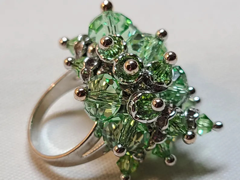 Green Glass Cluster Beaded Ring With Rhinestones, Adjustable - Etsy | Etsy (US)