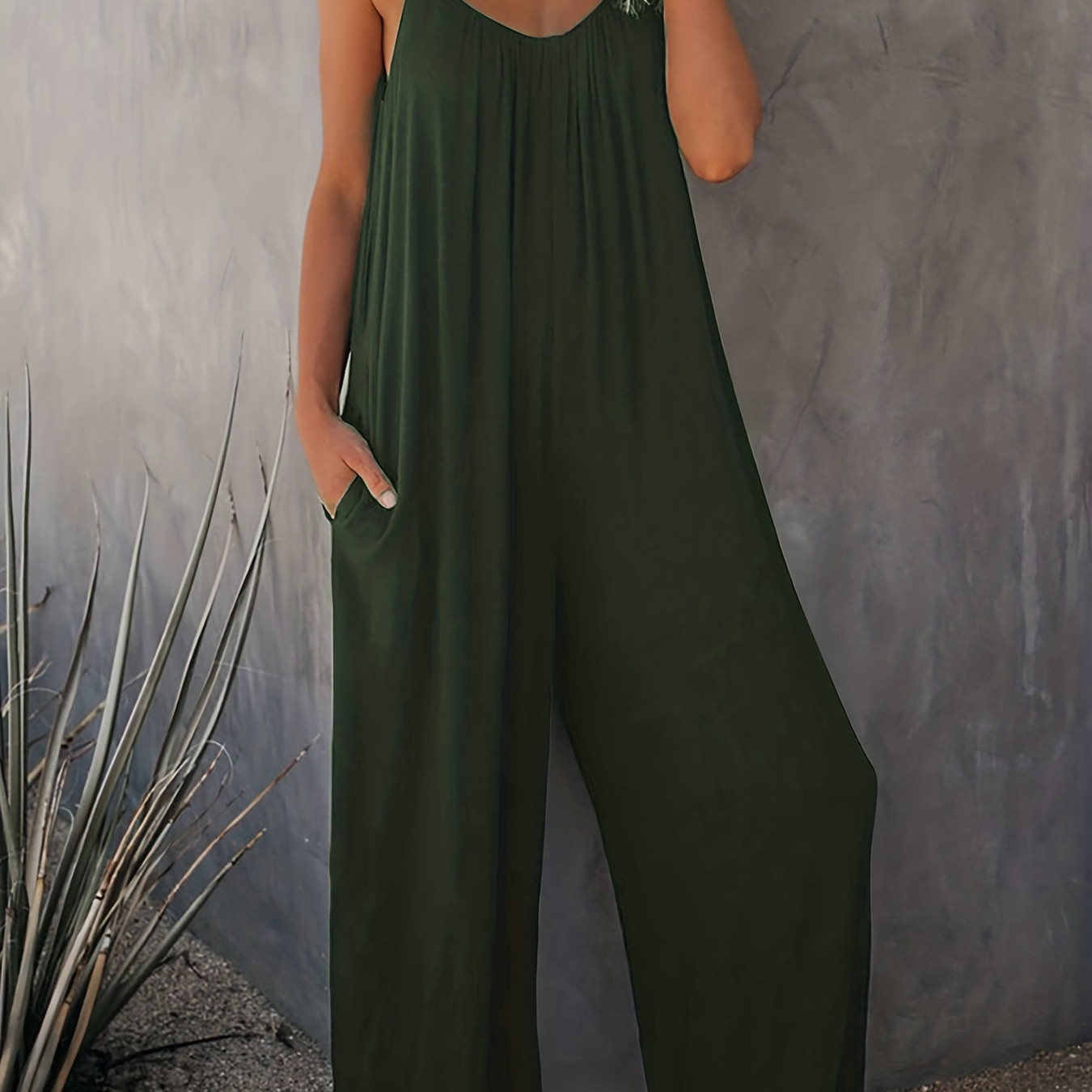 Plus Size Basic Jumpsuit, Women's Plus Solid V Neck Wide Leg Summer Cami Jumpsuit | Temu Affiliate Program