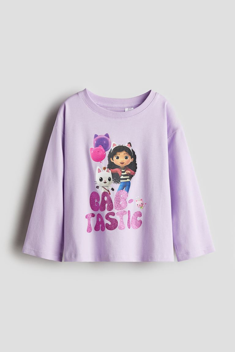 Motif-detail Cotton Top - Round Neck - Long sleeve - Light purple/Gabby's Dollhouse - Kids | H&M ... | H&M (US + CA)