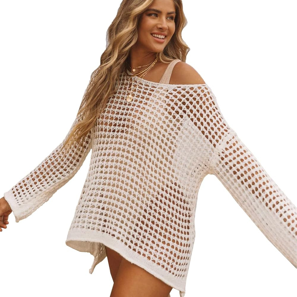3UMeter Crochet Cover Up Beach Swimsuit Coverups for Women Long Sleeve Mesh Top | Amazon (US)