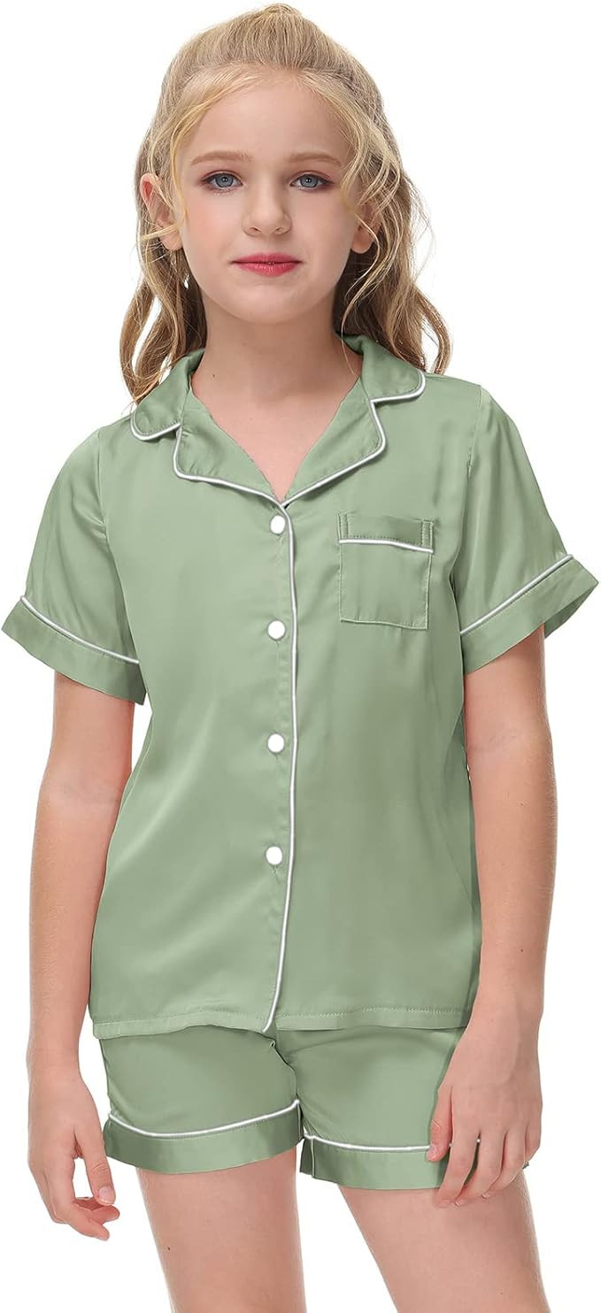Veseacky Unisex Satin Pajamas Set Boys Girls Silk Pjs Short Sleeve 2 Piece Sleepwear Button-Down ... | Amazon (US)