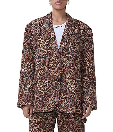 AFRM Joette Denim Leopard Print Notch Collar Neck Long Sleeve Blazer - M | Dillard's
