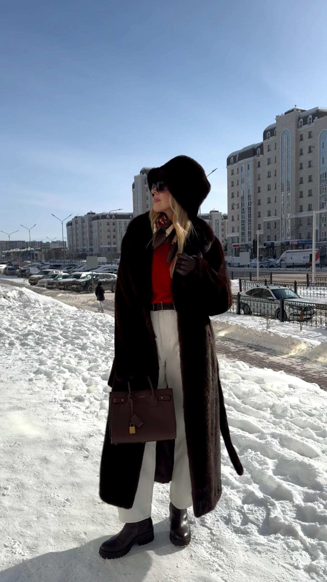 Chocolate brown outfit, brown fur coat, fur bucket hat, red sweater with silk scarf, white barrel jeans, lug sole boots

#LTKSeasonal #LTKSaleAlert #LTKOver40