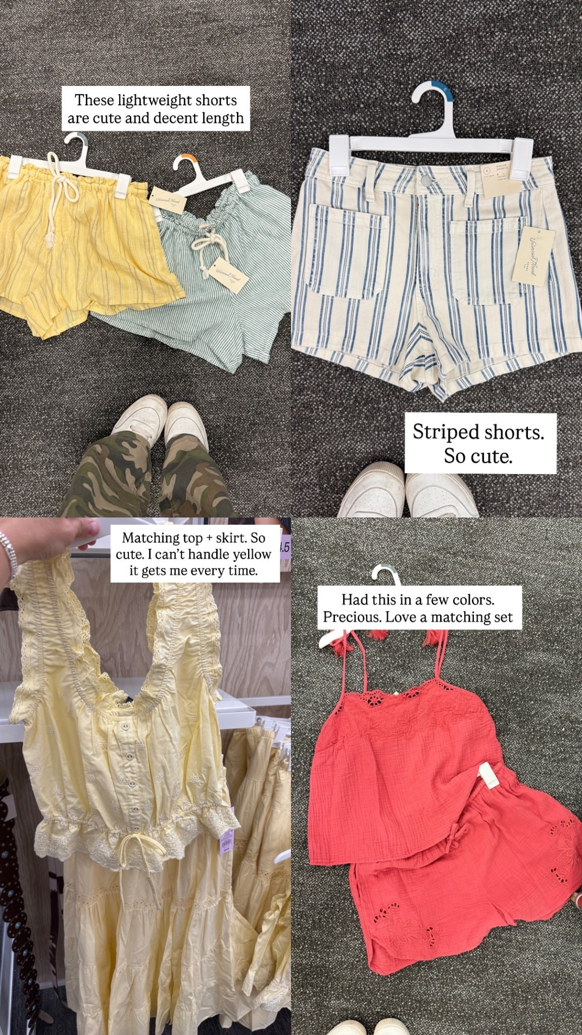 Striped shorts. 
So cute.  These lightweight shorts are cute and decent length  Matching top + skirt. So cute. I can’t handle yellow it gets me every time.  Had this in a few colors. Precious. Love a matching set