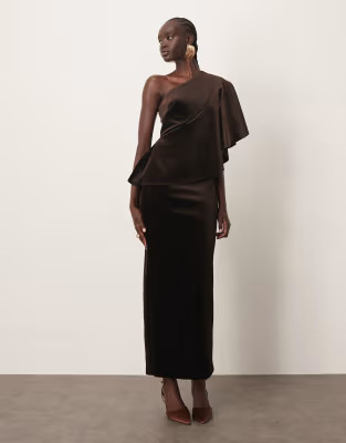 ARRANGE one shoulder velvet bodice maxi dress in chocolate | ASOS (Global)