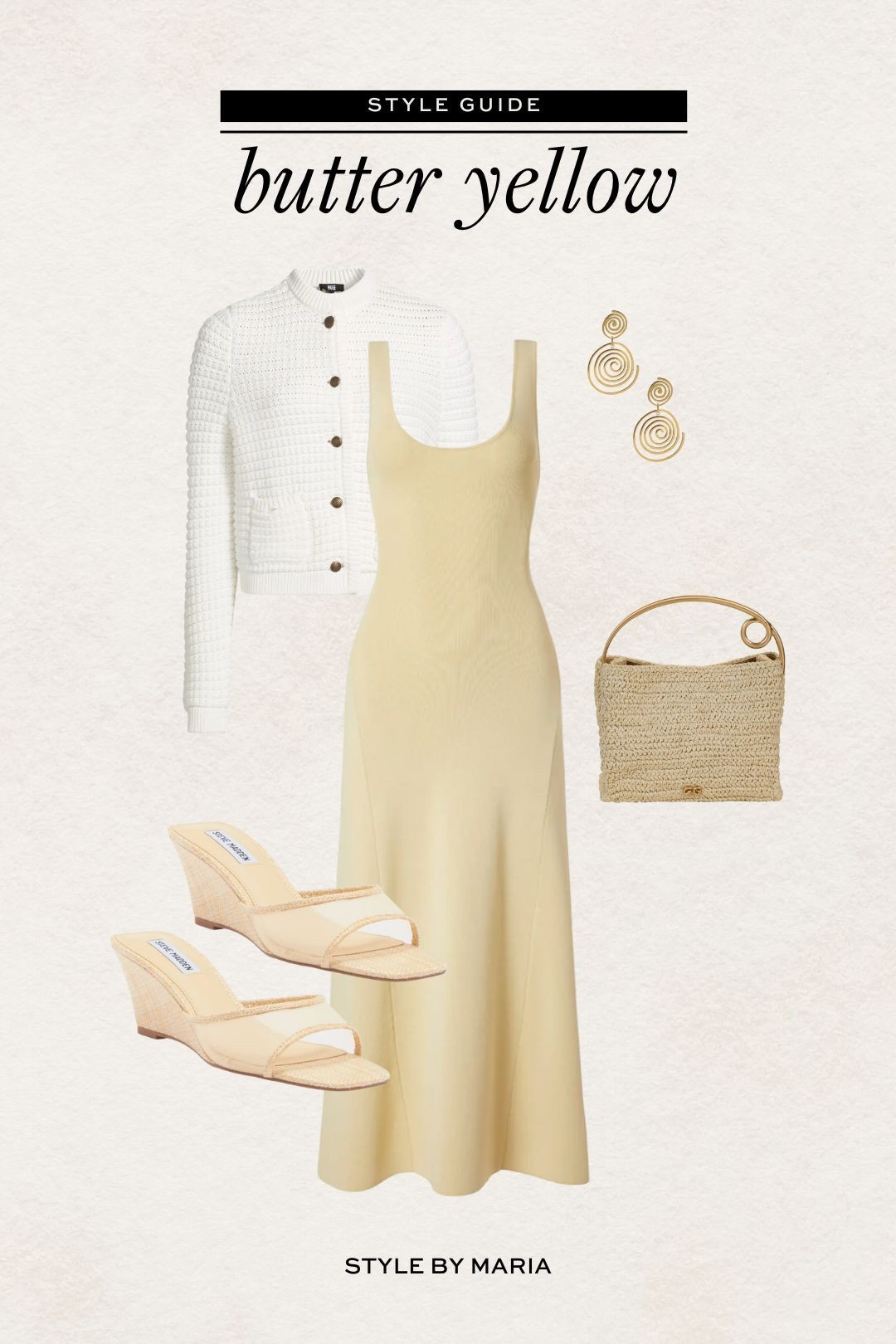 Butter yellow spring outfit
Weworewhat butter yellow dress
Steve Madden wedges
Paige cardigan on sale
Cult Gaia raffia bag 

#LTKStyleTip #LTKSaleAlert #LTKFindsUnder100
