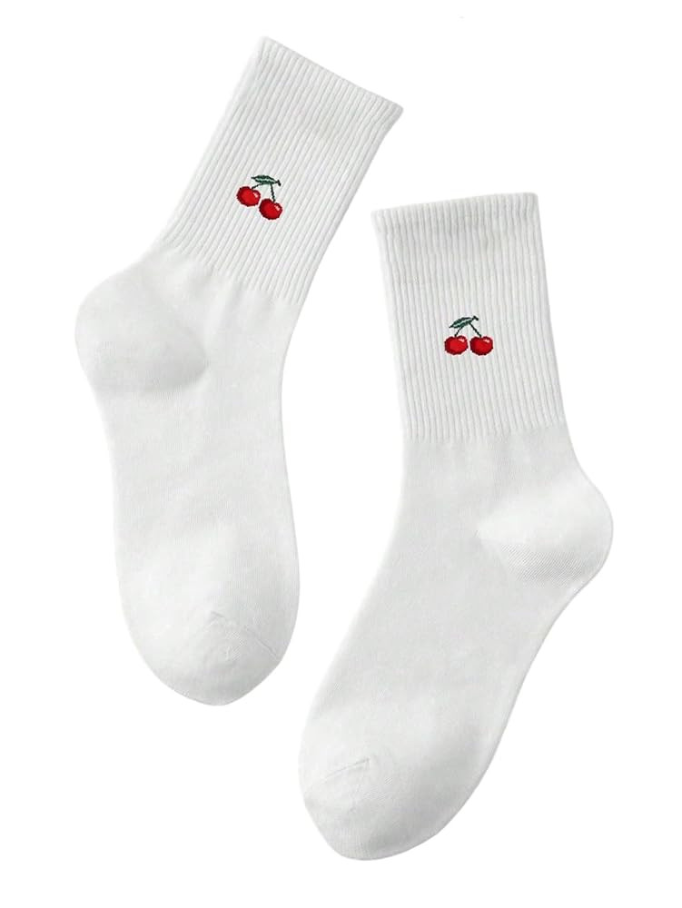 Women's Cherry Embroidery Crew Socks Soft Cute Calf Socks for Daily Wear | Amazon (US)