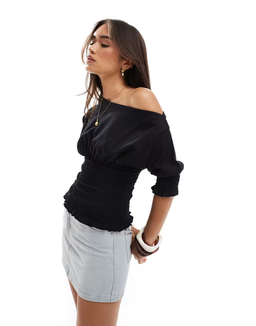 ASOS DESIGN off shoulder shirred detail top in black-Multi | ASOS (Global)