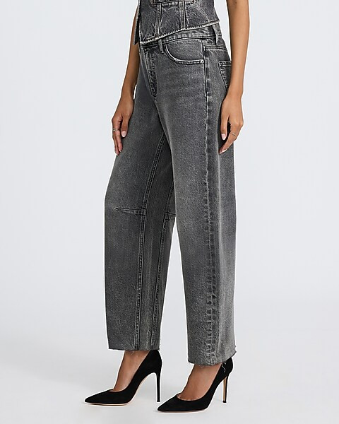 Mid Rise Washed Black Raw Hem Barrel Jeans | Express