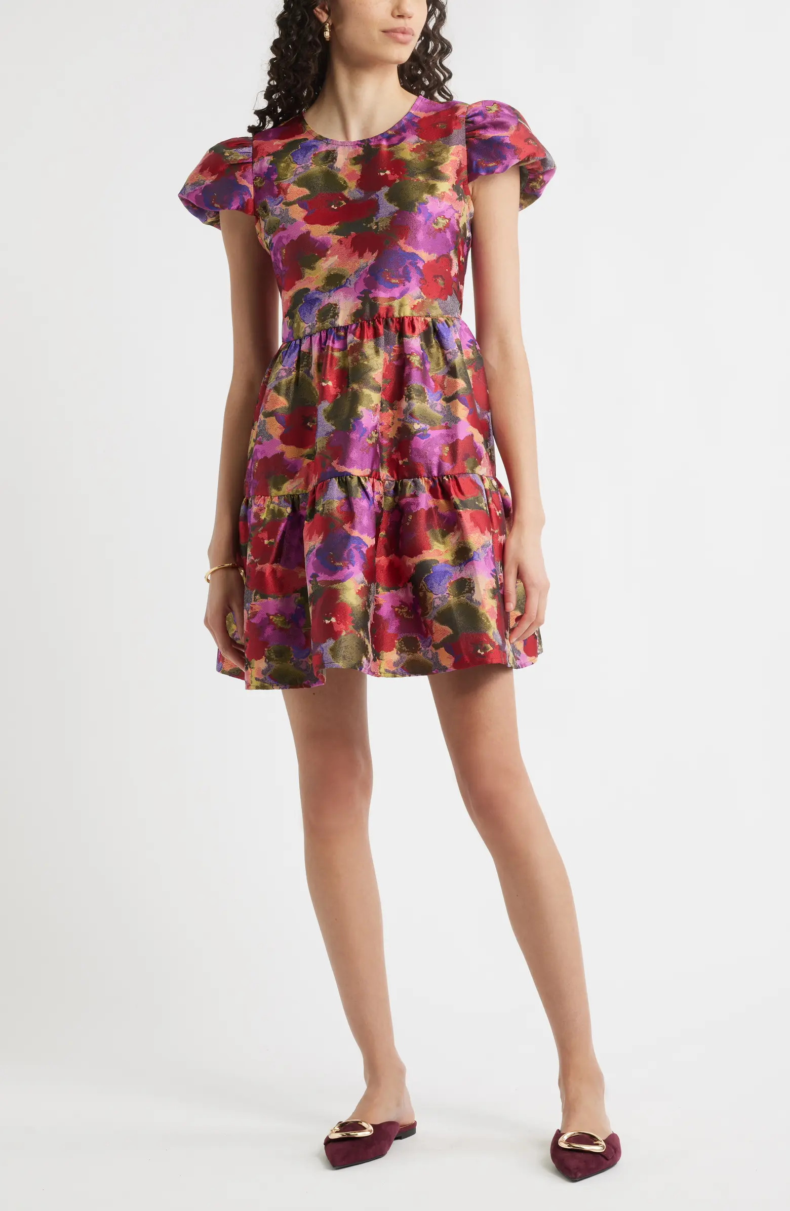 Chelsea28 Puff Sleeve Floral Jacquard Tiered Dress | Nordstrom | Nordstrom
