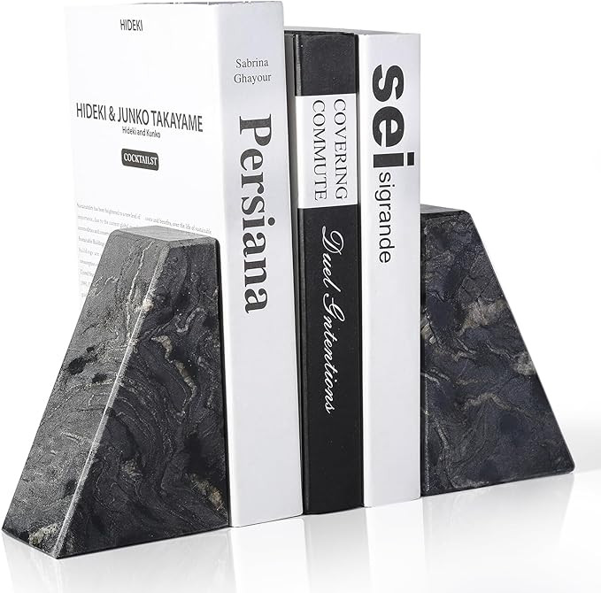 Marble Bookends for Heavy Books, Decorative Book Ends for Shelves, Titanium Black Stone Durable a... | Amazon (US)