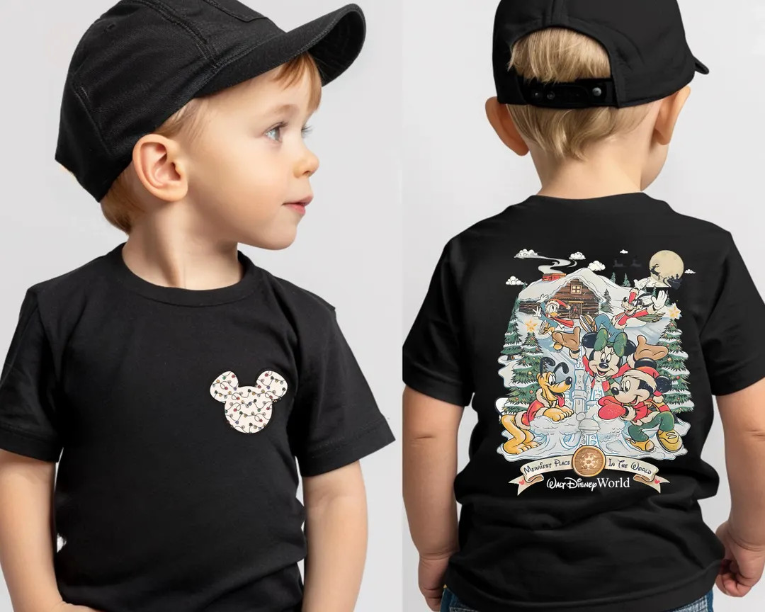 Retro Christmas Merriest Place in the World Front and Back Kids Shirt, Mickey and Minnie Santa Cl... | Etsy (US)
