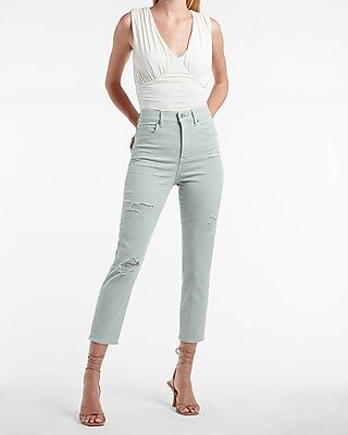 Super High Waisted Gray Ripped Mom Jeans | Express