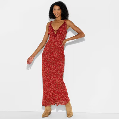 Women's Lace Trim Maxi Empire Waist Dress - Wild Fable™ Assorted Reds Floral XL | Target