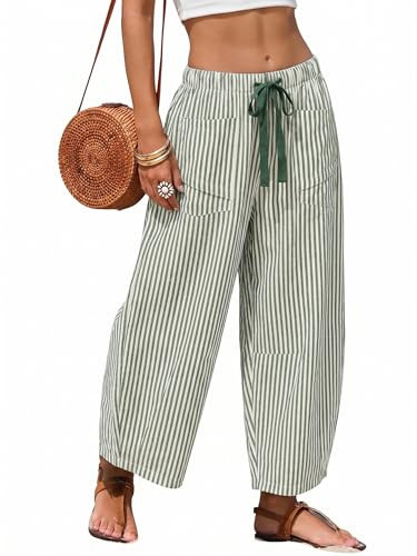EsheSy Women's Casual Barrel Pants Summer Striped Drawstring Wide Leg Trousers Beach Lounge Capri Pants with Pockets(GreyGreen-M) | Amazon (US)