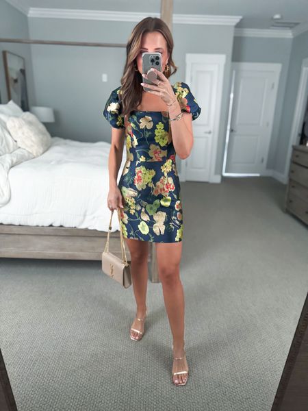 Wedding guest dress. Spring wedding guest. Floral wedding guest. Wedding shower dress. Baby shower dress. Floral mini dress. Date night outfit. Party dress. Wearing XS. YSL bag. Amazon gold heels are TTS. Pottery Barn canopy bed. Coastal bedroom. White bedding. 

#LTKparties #LTKshoecrush #LTKwedding