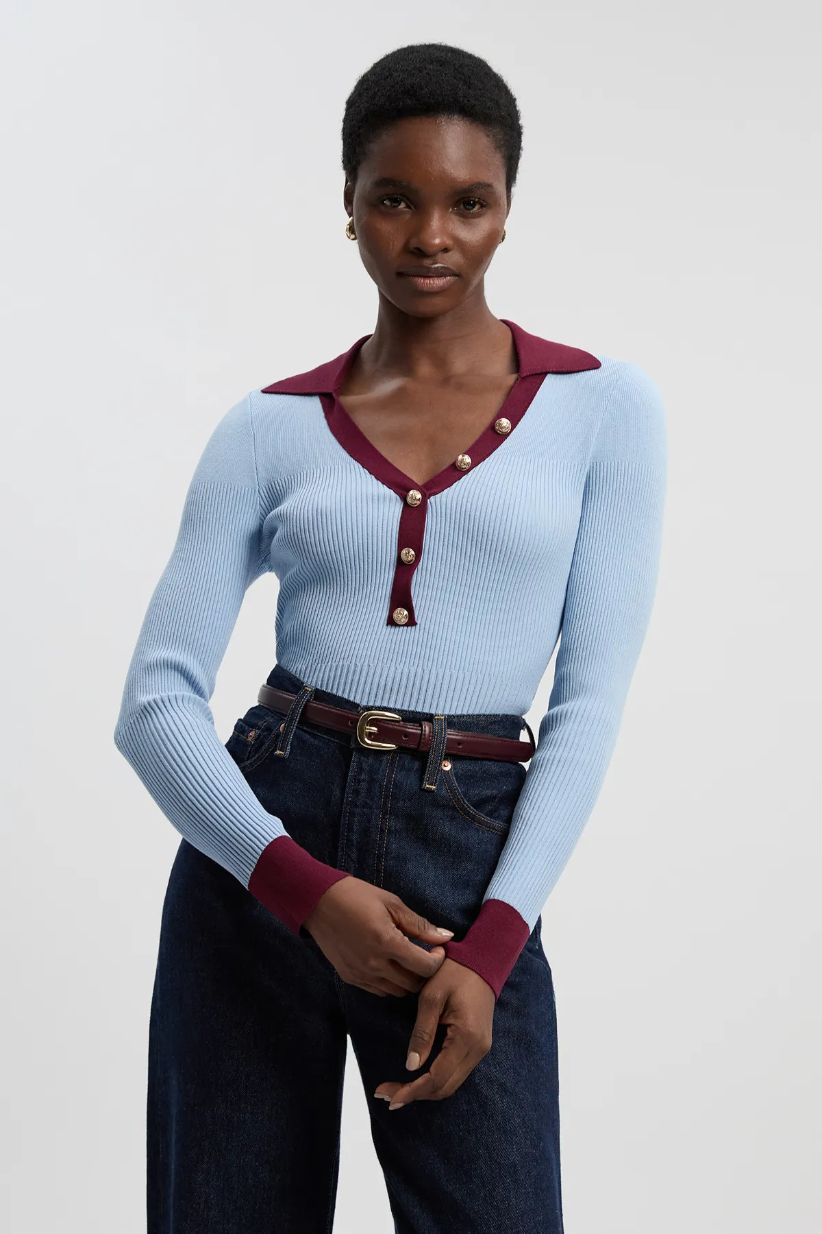 Light Blue Knit Rib With Contrast Hem Detail Collared Top | Karen Millen USA | Karen Millen US