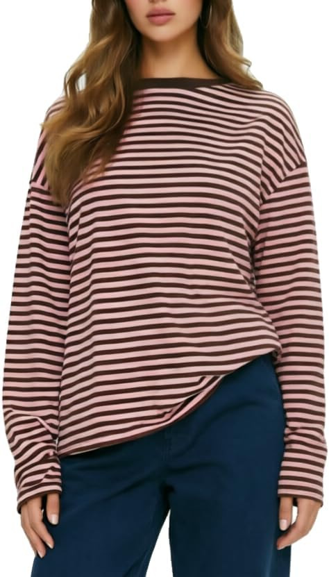 Foidiccx Striped Long Sleeve Shirt Women Y2k Oversized Crewneck Vintage Tops Fall Winter Drop Sho... | Amazon (US)