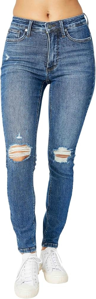 Judy Blue Women's Mid Rise Tummy Control Destroy Skinny Denim Jeans, 88798 | Amazon (US)