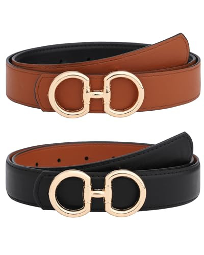 AWAYTR Reversible Belt for Women - Two-in-One Women Fashion Leather Belt for Jeans with Golden Buckle (Black/Brown(Shiny Buckle),115cm) | Amazon (US)
