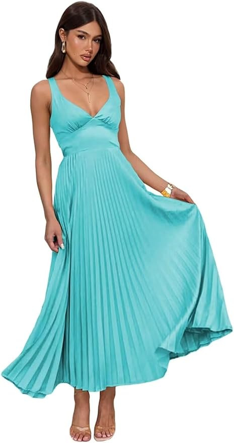 Satin Bridesmaid Dresses for Women Pleated Maxi Formal Evening Party Gown | Amazon (US)