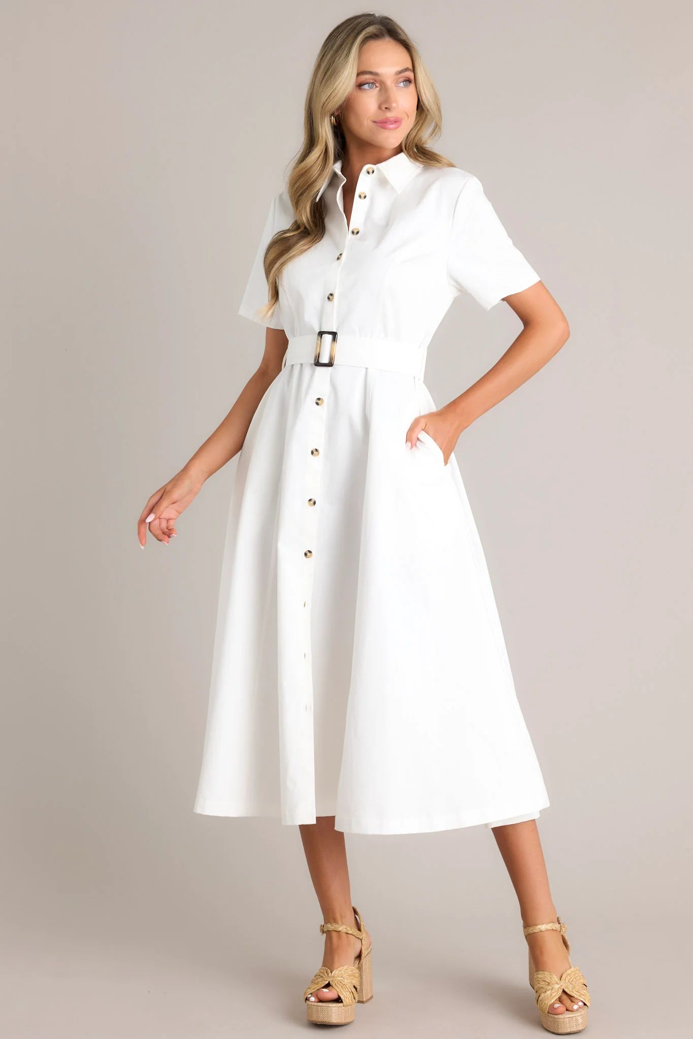 Front and Center White Button Front Midi Dress | Red Dress