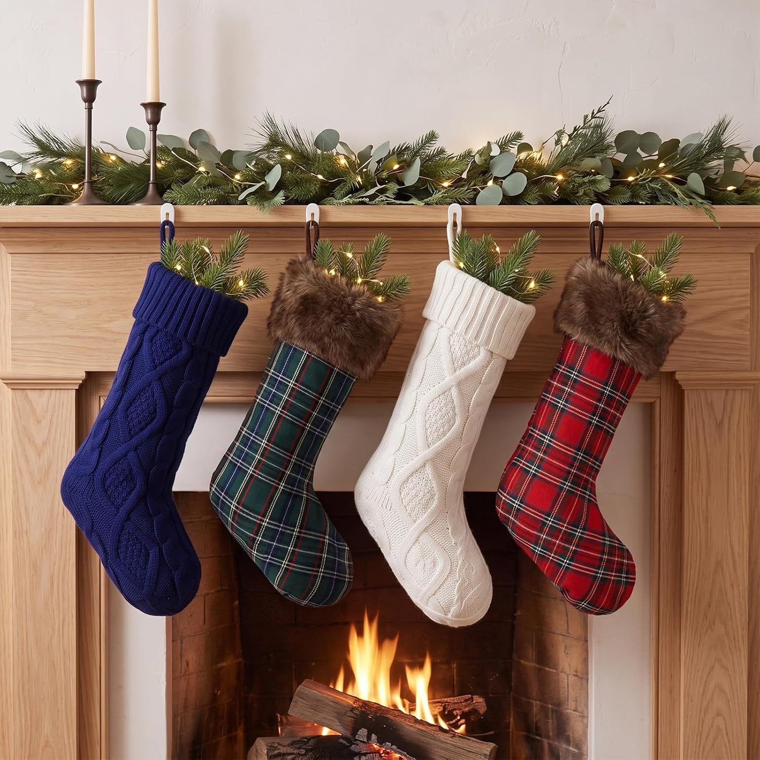 4 Pack Tartan Christmas Stockings Navy Blue & White | Amazon (US)
