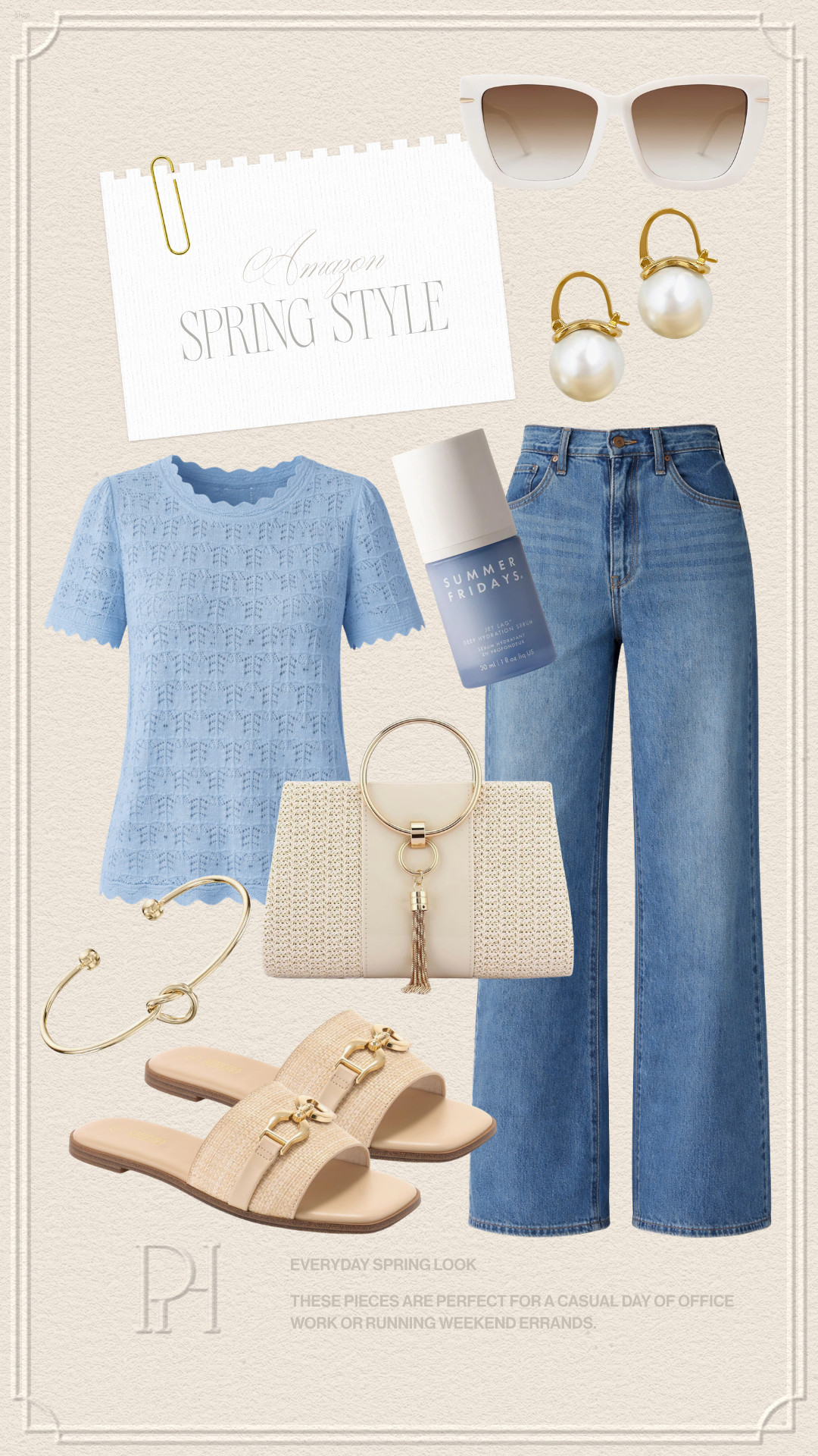 Spring style finds I'm loving on Amazon!

cool blue, blue blouse, knit blouse, blue top. pastel blue shirt, flared jeans, wide leg denim, wide leg jeans, medium wash denim, pearl earrings, gold bracelet, white sunglasses, tan sandals, white handbag, spring handbag, neutral purse, hydration serum, spring fashion, spring looks, spring outfit 

 #LTKgrwm #LTKootd #LTKSeasonal