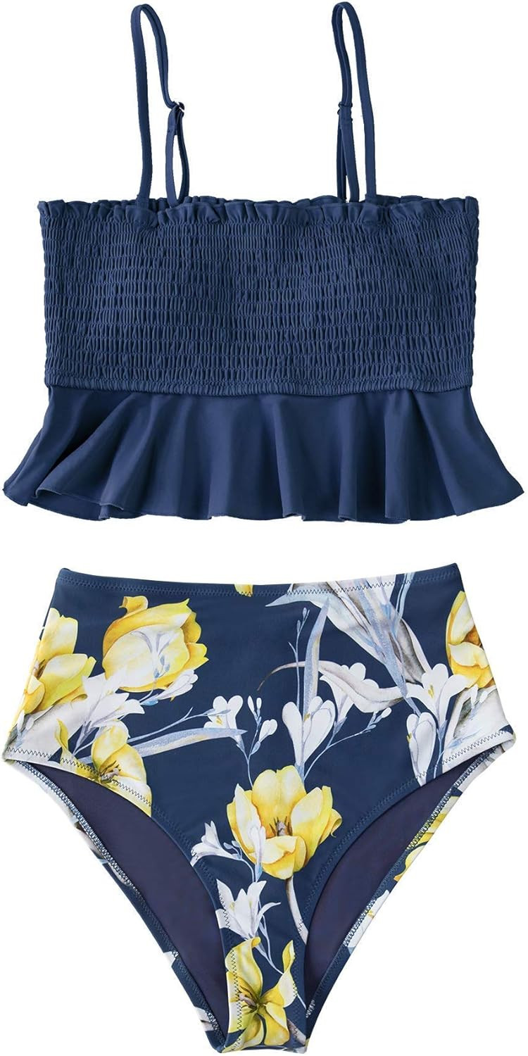 CUPSHE Women's High Waist Bikini Swimsuit Ruffle Smock Floral Print Two Piece Bathing Suit | Amazon (US)