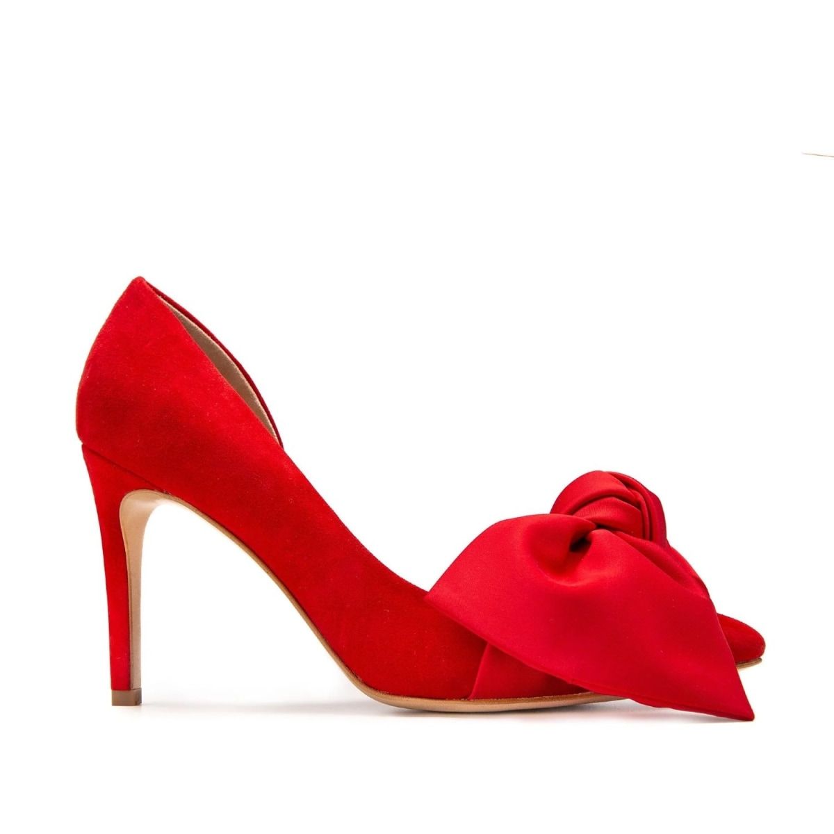 Samantha Red Suede And Oversized Red Satin Bow Open Sided Stiletto | Wolf & Badger (US)