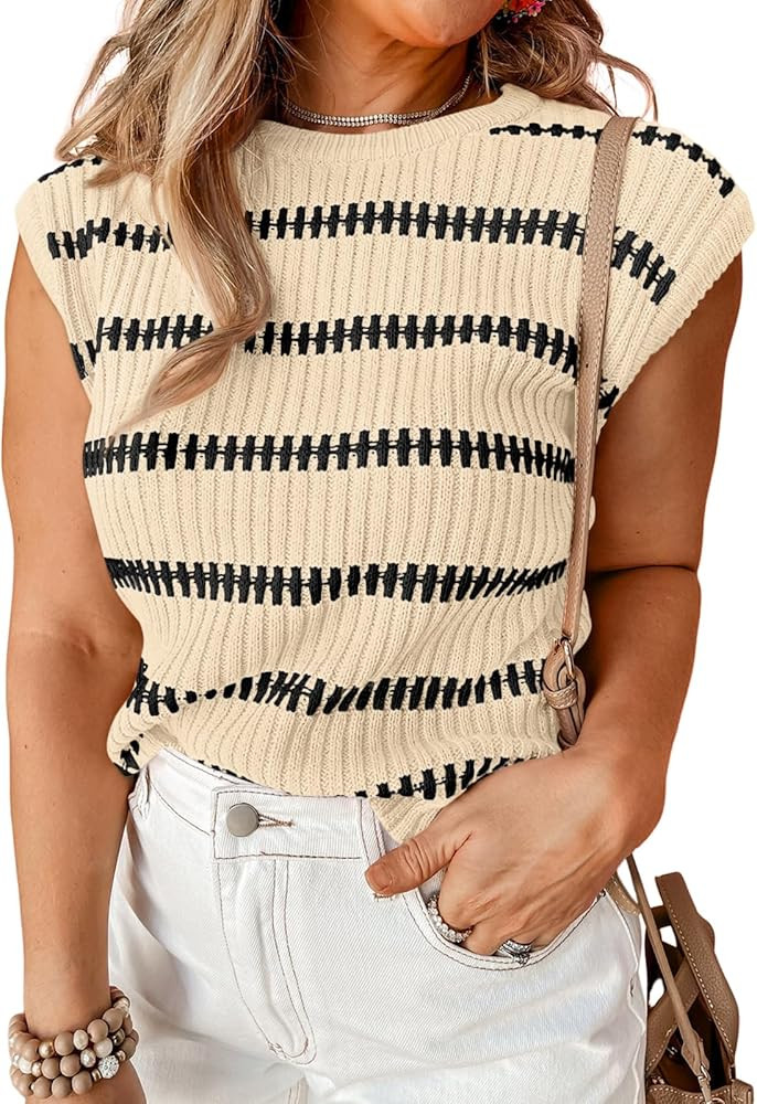 LILLUSORY Sweater Tank Tops for Women Fall Crew Neck Sweater Sleeveless Striped Knit Vest | Amazon (US)