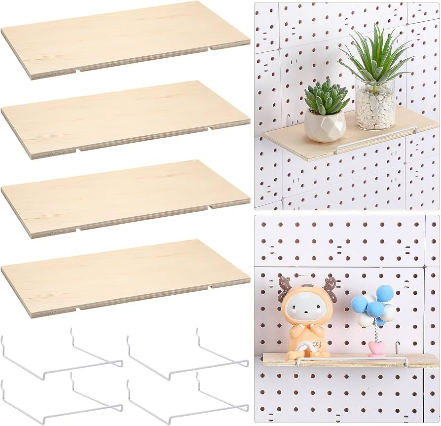 Wonderjune 4 Pcs Wooden Pegboard Shelves with Metal Pegboard Shelf Brackets Peg Board Display Sto... | Amazon (US)