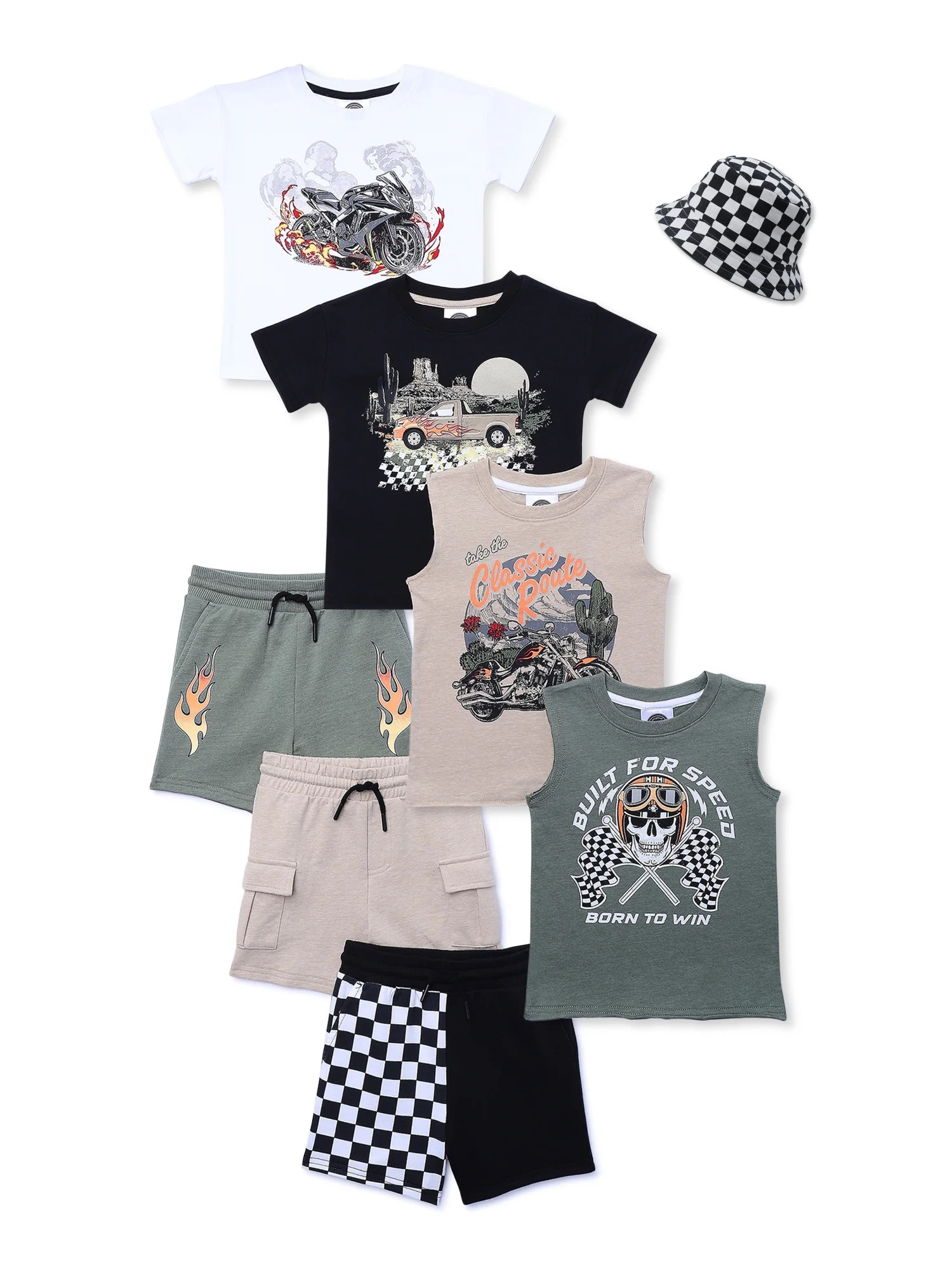Off Campus Toddler Boys Short Sleeve Graphic T-Shirt, Sleeveless Tee, Shorts, and Hat Outfit Set,... | Walmart (US)