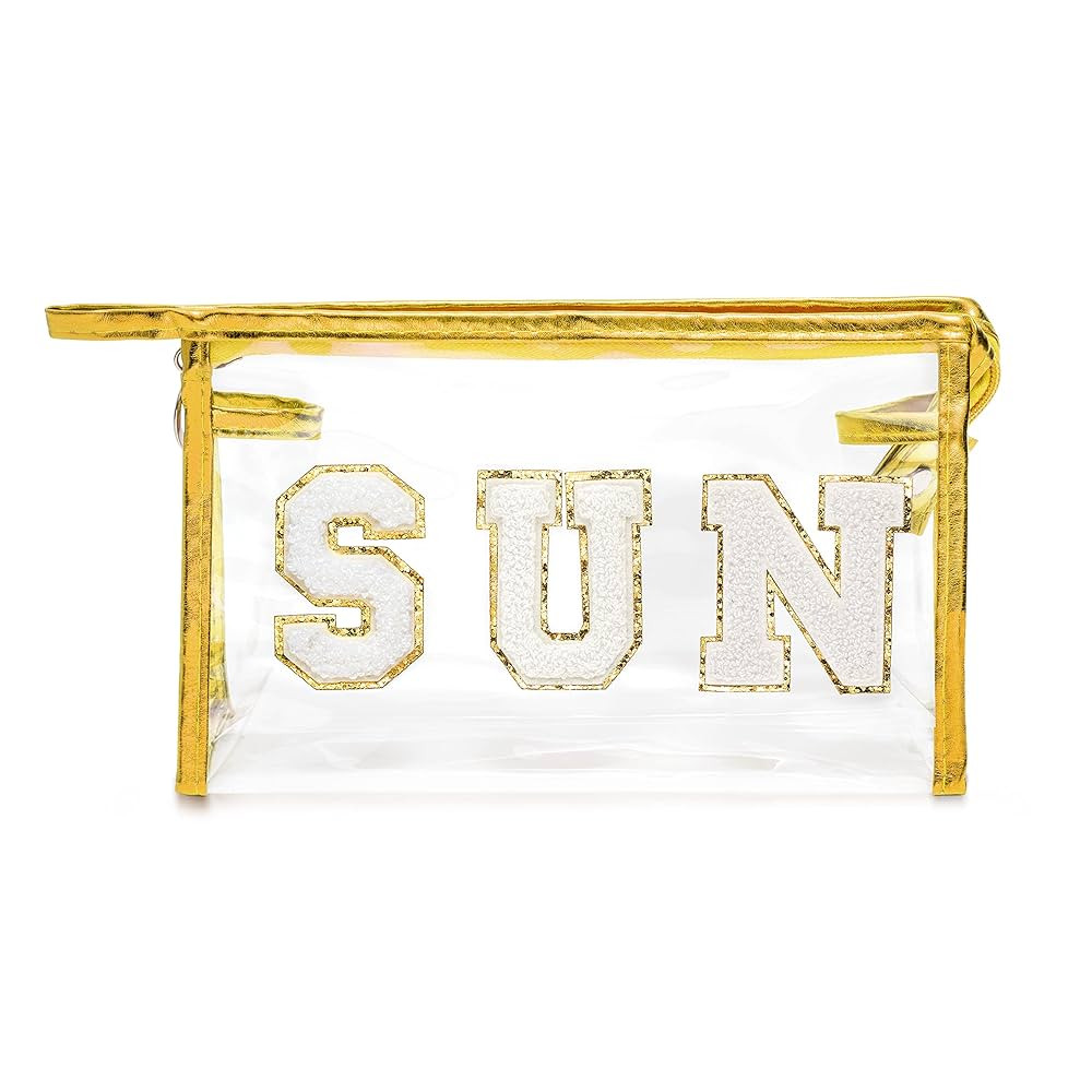 Y1tvei Gold SUN Preppy Patch Varsity Letter Cosmetic Toiletry Bag Transparent PVC Zipper Swimming... | Amazon (US)