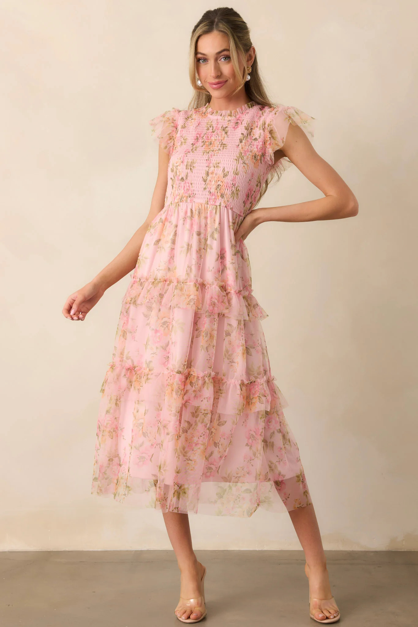 Sunrise Soiree Pink Floral Flutter Sleeve Midi Dress | Red Dress