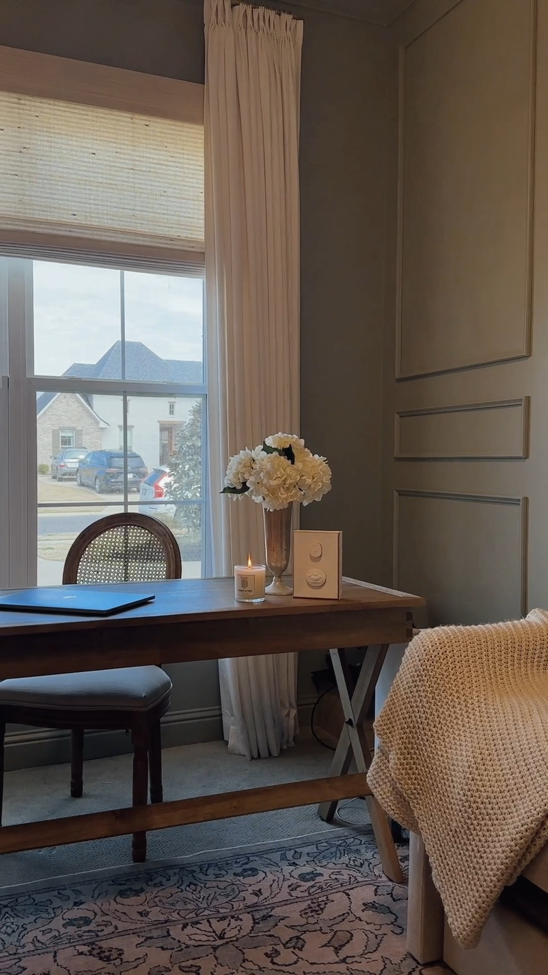 DRAPES—
Product Name: Liz Linen
Color: Ivory White
Header Style: Triple Pleat
Single Panel Width & Length (in inches):  70' W x 113' L 
Liner Type: Privacy 
Memory Shape 

SHADE—
Product Name: Natural Paper Bamboo Woven Shade 
Collection: Lay (LN27)
Color: Marble White
Mount: Outside
Width and Length: 73.5"W × 89.5"L
Lift Type: Cordless
Liner: Privacy