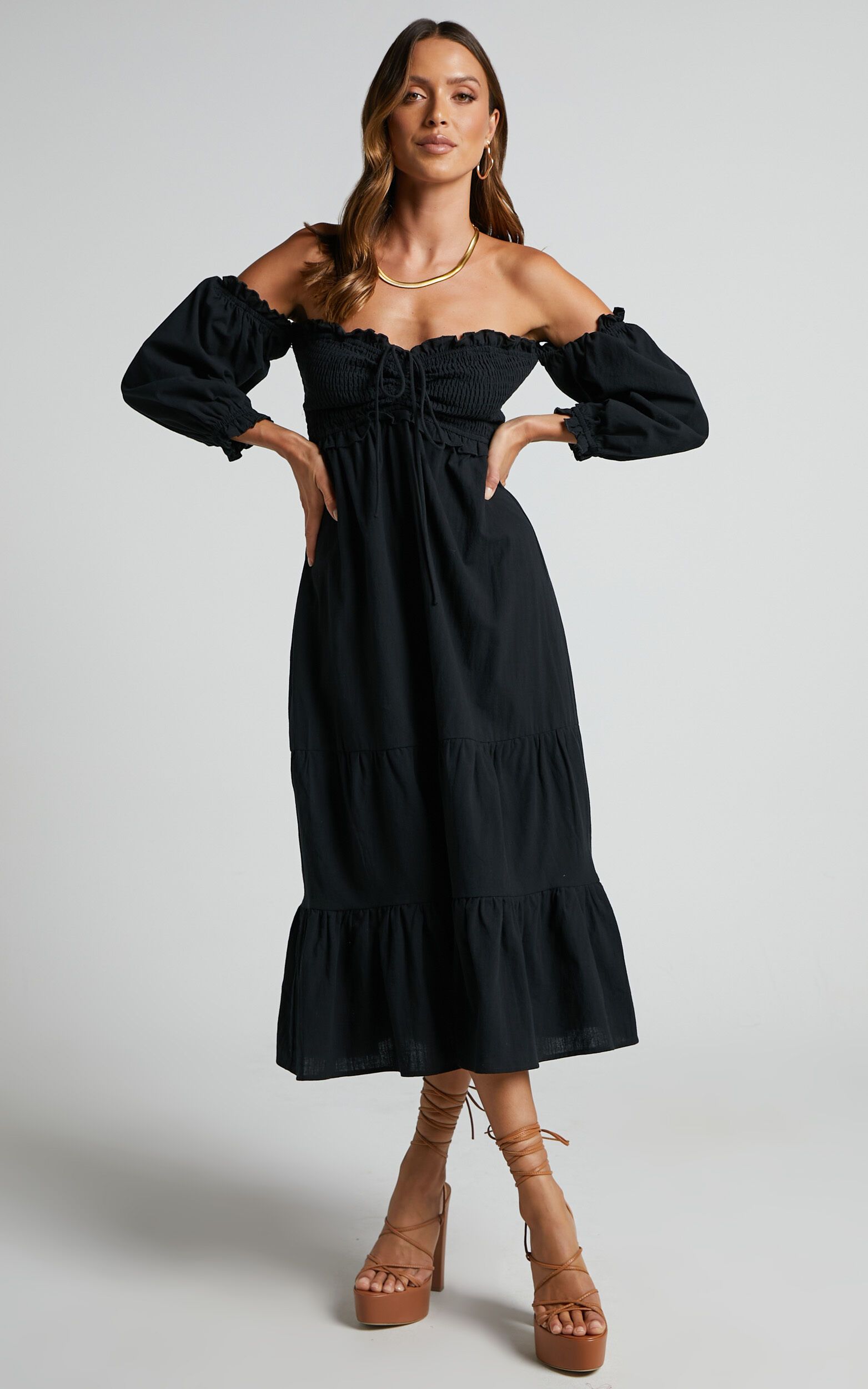 Nikka Midi Dress - Shirred Off Shoulder Puff Sleeve Dress in Black | Showpo (US, UK & Europe)