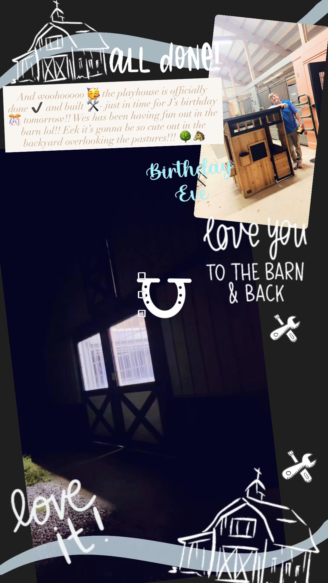 And woohooooo 🥳 the playhouse is officially done ✔️ and built 🛠️- just in time for J’s birthday 🎊 tomorrow!! Wes has been having fun out in the barn lol!! Eek it’s gonna be so cute out in the backyard overlooking the pastures!!! 🌳🐴