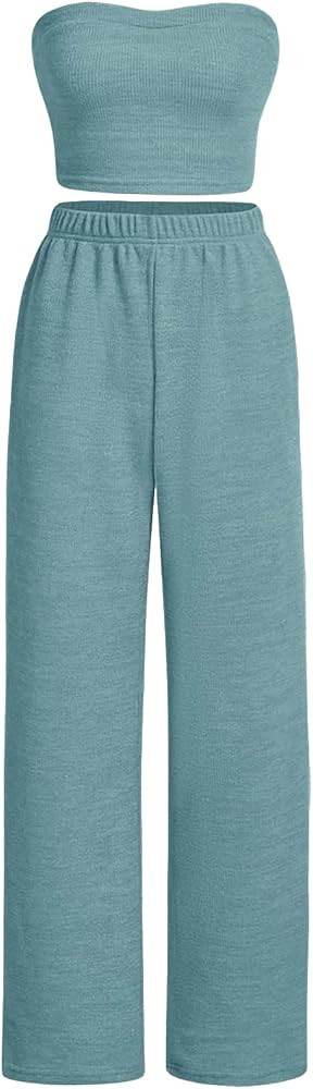 Floerns Women's 2 Piece Outfit Bandeau Crop Tube Top and Wide Leg Pants Set | Amazon (US)