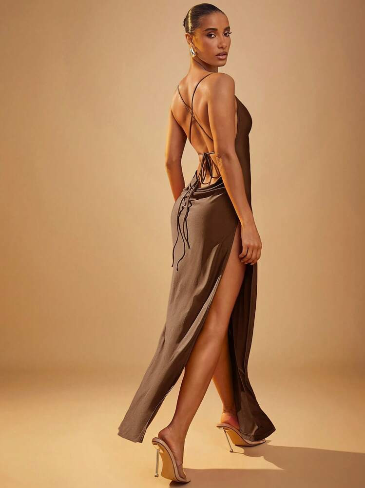 Hauture Winter Women Clothes, Elegant Double High Slit Open Back Brown Maxi Dress With Spaghetti ... | SHEIN