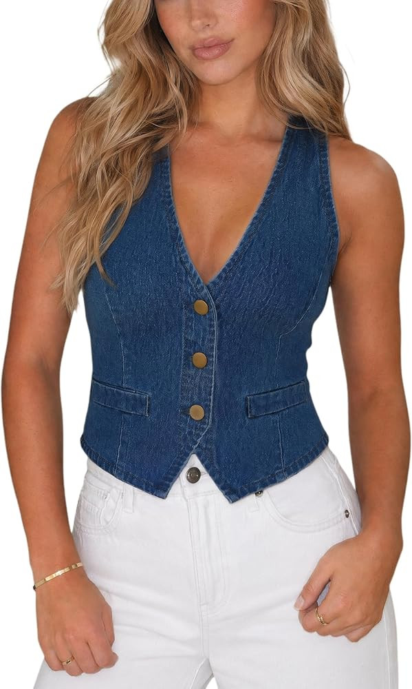 Womens Denim Vest Sleeveless V Neck Jean Vest Top Waistcoat | Amazon (US)