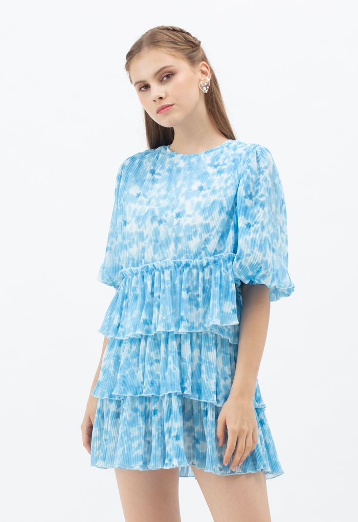 Pleated Tie-Dye Tiered Dolly Dress in Blue | Chicwish